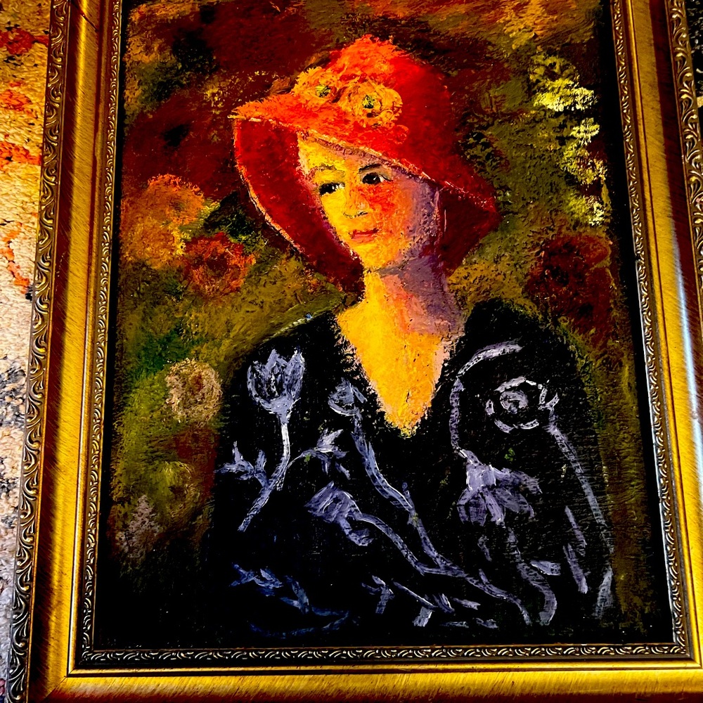Elegant Portrait with Red Hat - Framed Art